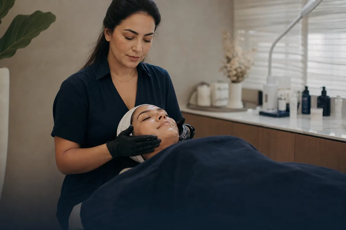 Esteticista fazendo limpeza de pele em uma cliente