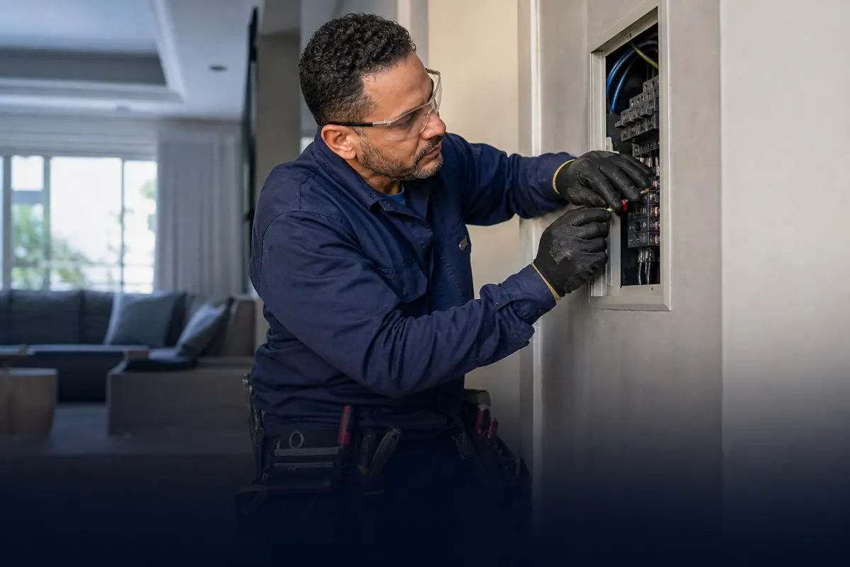 Eletricista fazendo manutenção no quadro de luz de uma casa